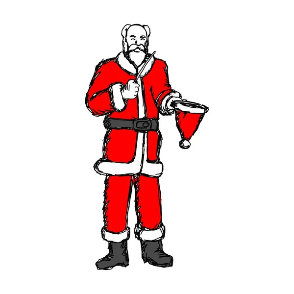 Calvo mago Santa Claus con varita mágica ilustración vectorial boceto dibujado a mano con líneas negras aisladas sobre fondo blanco — Vector de stock