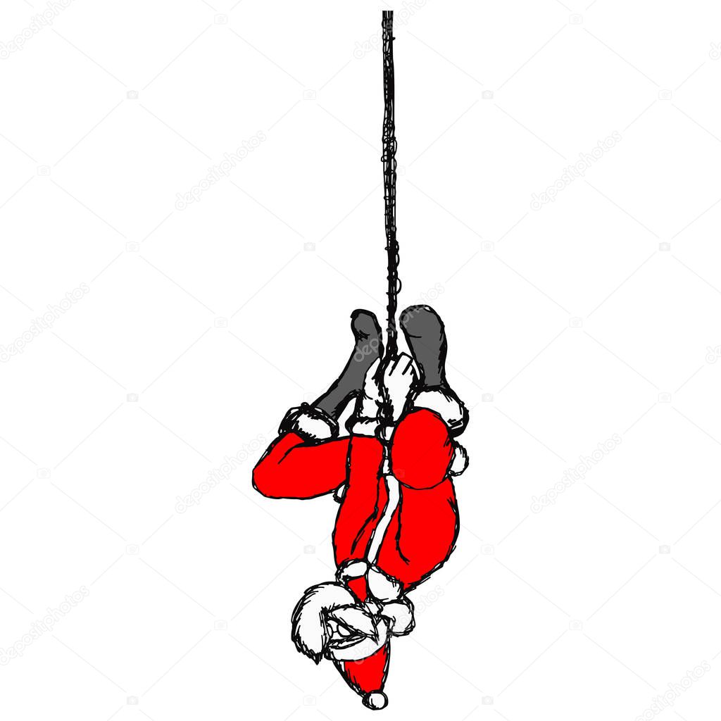 upside down santa claus on the web like spider person vector illustration sketch hand drawn with black lines isolated on white background