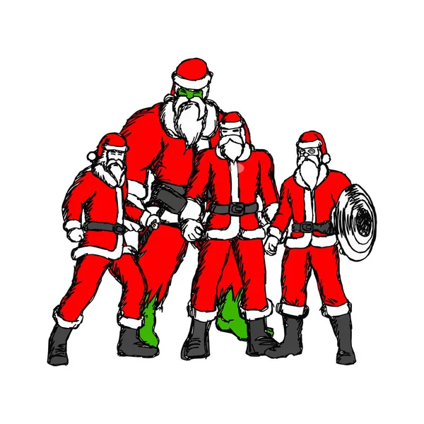 Cuatro personas en Santa Claus traje vector ilustración bosquejo mano dibujada con líneas negras aisladas sobre fondo blanco — Vector de stock