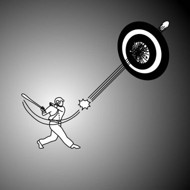 Hedef vektör çizim doodle kroki elle izole gri arka plan üzerinde siyah çizgilerle çizilmiş ortasında topa vurmak yarasa kullanarak Beyzbol şapkalı bir iş adamı. İlham iş kavramı.   