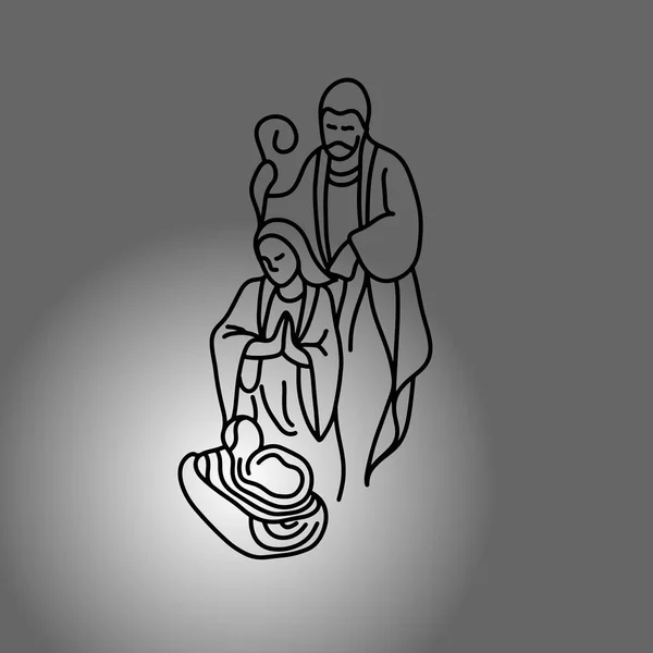 Scène de la Nativité avec illustration vectorielle Sainte Famille croquis gribouillé à la main avec des lignes noires isolées sur fond gris dégradé — Image vectorielle