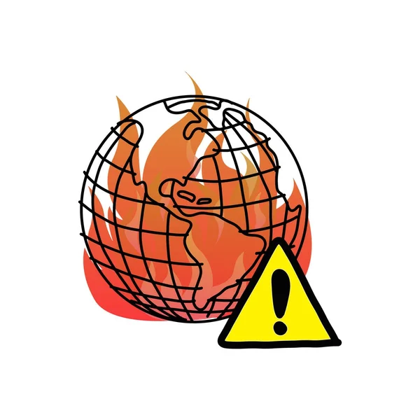 Global warming with warning sign vector illustration doodle sketch hand drawn with black lines isolated on white background. — Stock Vector