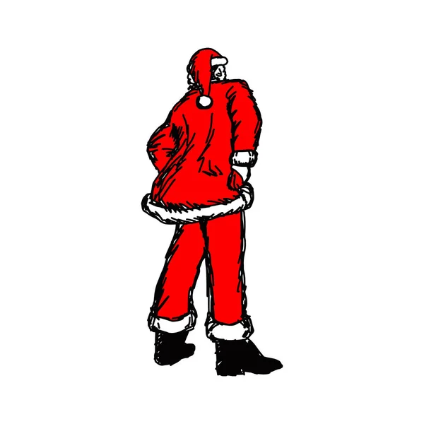 Parte posterior del esbozo de ilustración vectorial delgado de Santa Claus dibujado a mano con líneas negras aisladas sobre fondo blanco — Vector de stock