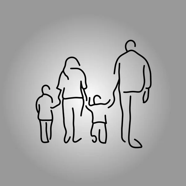 Πίσω από την οικογένεια τέσσερα άτομα κρατώντας το χέρι διανυσματικά εικονογράφηση doodle χέρι σκίτσο με μαύρες γραμμές απομονώνονται σε γκρίζο φόντο — Διανυσματικό Αρχείο