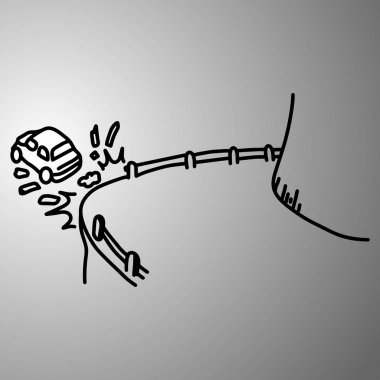 Araba falls road bariyer vektör çizim frenleme uçurumdan kroki elle izole gri arka plan üzerinde siyah çizgilerle çizilmiş doodle