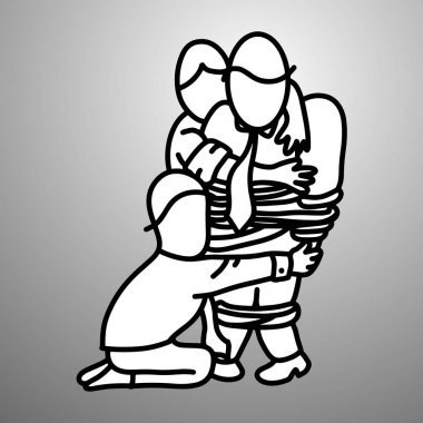 işadamı ile uzun bir halat bağladım ve iki düşmanlarını illüstrasyon doodle kroki elle izole gri arka plan üzerinde siyah çizgilerle çizilmiş vektör. İş kavramı. 