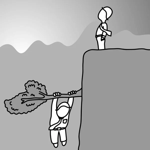 Podnikatel, stojící na okraji útesu a druhý drží strom větev vektorové ilustrace doodle skica ručně kreslenou s černými linkami izolované na šedém pozadí. Obchodní koncept. — Stockový vektor