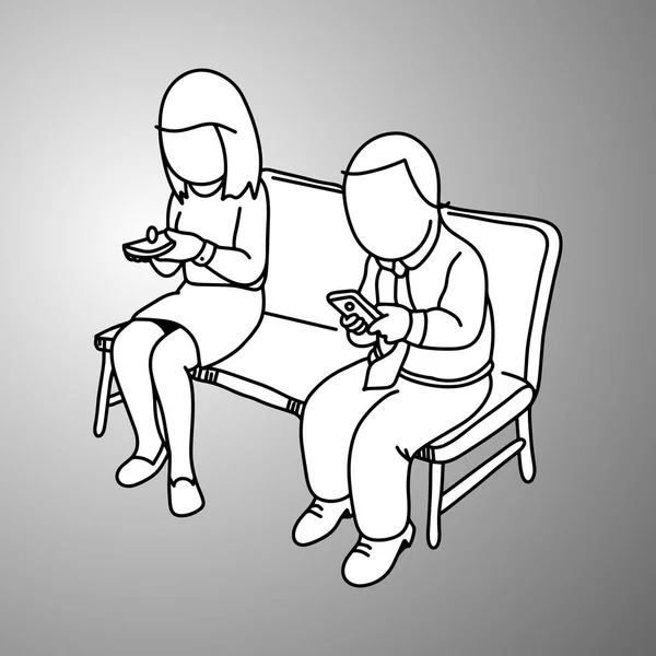 Affärsmannen och businessmanwoman med mobiltelefon på soffa vektor illustration doodle skiss hand dras med svarta linjer isolerade på grå bakgrund — Stock vektor