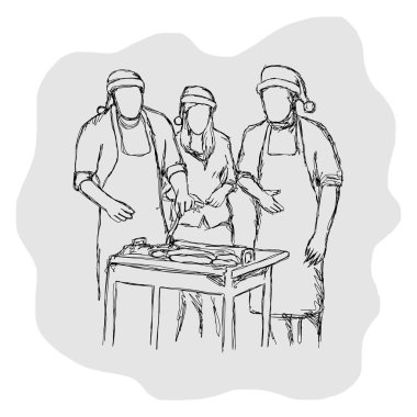 üç kişi kamp ve sahip Barbekü Noel partisi açık vektör çizim sahip elle izole beyaz arka plan üzerinde siyah çizgilerle çizilmiş kroki