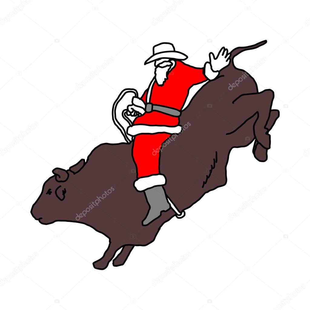 Santa Claus with cowboy hat riding big bull vector illustration sketch hand drawn with black lines isolated on white background