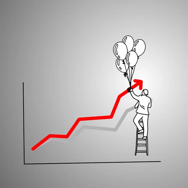 Homem de negócios na escada usando balão para fazer gráfico vermelho maior vetor ilustração doodle esboço mão desenhada com linhas pretas isoladas em fundo cinza. Conceito de negócio . —  Vetores de Stock