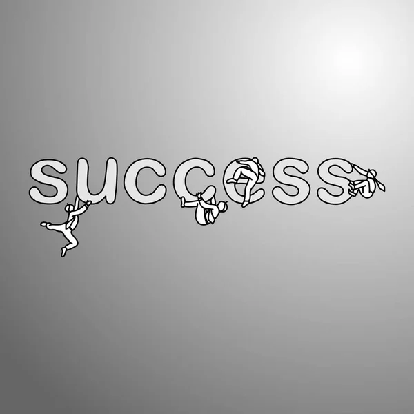 Vier ondernemers klimmen op het woord succes vector illustratie doodle schets hand getekend met zwarte lijnen geïsoleerd op een grijze achtergrond. Motivatie bedrijfsconcept. — Stockvector