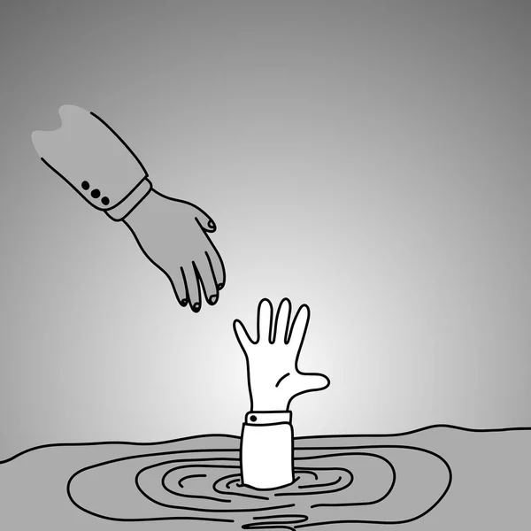 Utopení podnikatel dostat rukou jiného člověka vektorové ilustrace doodle skica ruky s černými linkami izolované na šedém pozadí. Pomoc obchodní koncept. — Stockový vektor