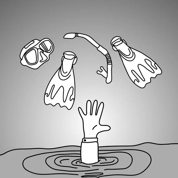 Businessman drowning in the sea and helper send him snorkel and diving flippers vector illustration doodle sketch hand drawn with black lines isolated on gray background. Business concept. — Stock Vector