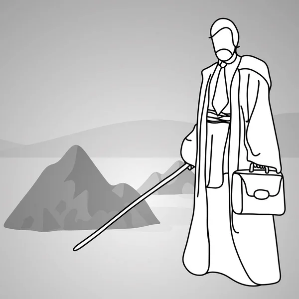 Velho empresário com traje tradicional segurando sabre brilhante em pé no deserto vetor ilustração doodle esboço mão desenhada com linhas pretas isoladas em fundo cinza. Conceito de negócio de liderança . — Vetor de Stock