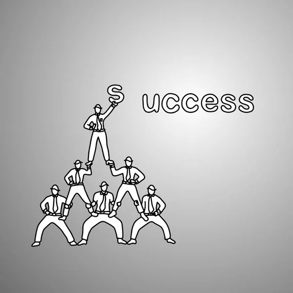 Forretningsmenn lager en pyramide av akrobater for å fullføre ordet suksesskunstillustrasjon av tegnestifter med svarte linjer isolert på grå bakgrunn. Motivasjonsbegrepet forretningsvirksomhet . – stockvektor