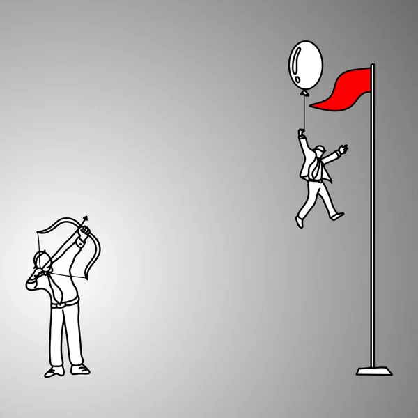 Affärsman försöker skjuta ballongen för att göra hans kollega som faller ner innan röra röd flagga vektor illustration doodle skiss hand dras med svarta linjer isolerade på grå bakgrund. Affärsidé. — Stock vektor