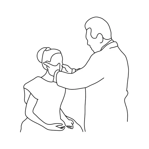 Mannelijke arts check-up de wangen van vrouwelijke patiënt vector illustratie overzicht schets hand getekend met zwarte lijnen geïsoleerd op een witte achtergrond. Uitgebreid lichamelijk onderzoek. asmr. Medische concept. — Stockvector