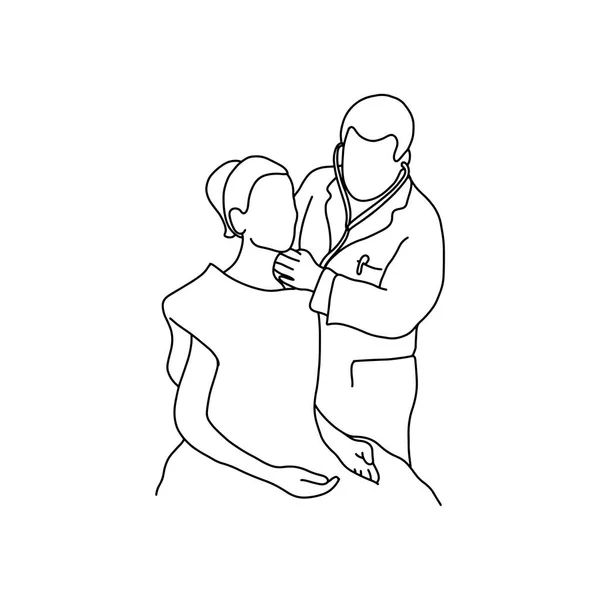 Médico masculino comprobar mujer paciente vector ilustración esquema bosquejo mano dibujada con líneas negras aisladas sobre fondo blanco. Examen físico completo. Asmr. Concepto de salud . — Vector de stock