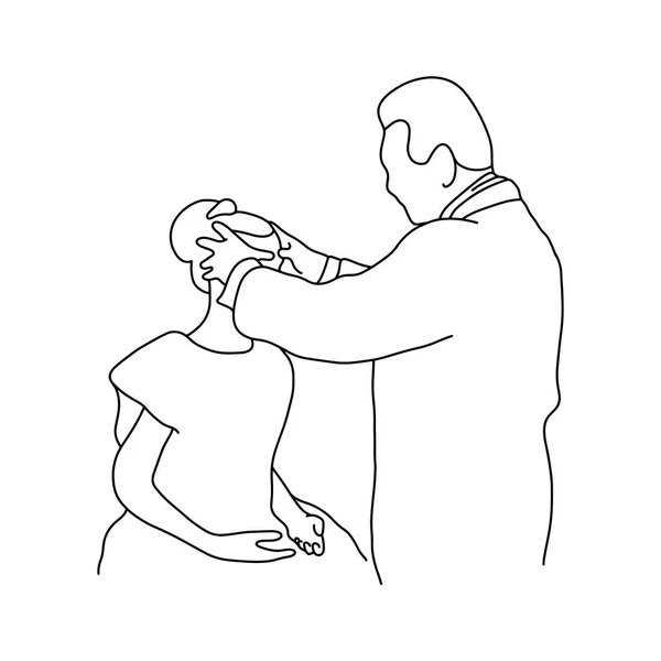 Mannelijke arts check-up een voorhoofd van vrouwelijke patiënt vector illustratie overzicht schets hand getekend met zwarte lijnen geïsoleerd op een witte achtergrond. Uitgebreid lichamelijk onderzoek. asmr. Medische concept. — Stockvector