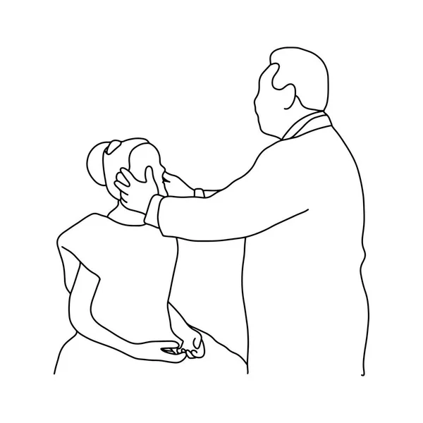 Mannelijke arts check-up oog rand van vrouwelijke patiënt vector illustratie overzicht schets hand getekend met zwarte lijnen geïsoleerd op een witte achtergrond. Uitgebreid lichamelijk onderzoek. asmr. Medische concept. — Stockvector