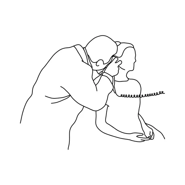 Mannelijke arts check-up een oor van vrouwelijke patiënt vector illustratie overzicht schets hand getekend met zwarte lijnen geïsoleerd op een witte achtergrond. Uitgebreid lichamelijk onderzoek. asmr. Medische concept. — Stockvector