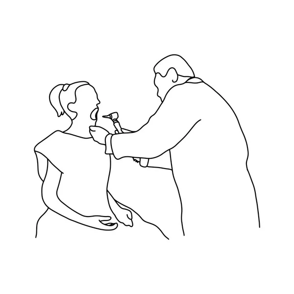 Médico masculino comprobar la boca dentro del paciente femenino ilustración vectorial bosquejo bosquejo mano dibujada con líneas negras aisladas sobre fondo blanco. Examen físico completo. Asmr. Concepto médico dental . — Vector de stock