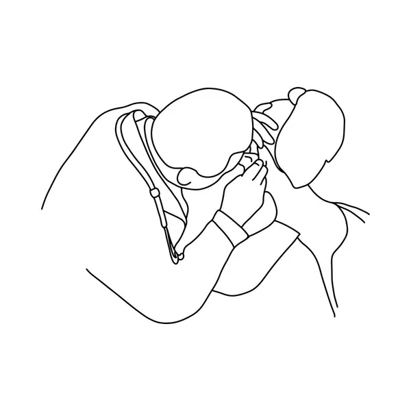 Medico maschio controllare un orecchio di illustrazione vettoriale paziente femminile schizzo disegnato a mano con linee nere isolate su sfondo bianco. Esame fisico completo. asmr. Concetto medico . — Vettoriale Stock