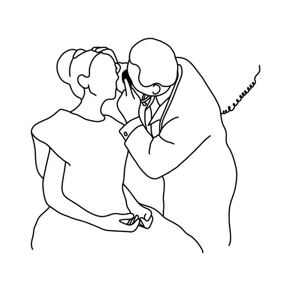 Mannelijke arts controleren oog van vrouwelijke patiënt met apparatuur vector illustratie overzicht schets hand getekend met zwarte lijnen geïsoleerd op een witte achtergrond. Uitgebreid lichamelijk onderzoek. asmr. Medische concept. — Stockvector