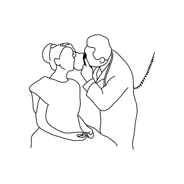 Doctor masculino revisa ojo de paciente femenina con equipo óptico ilustración vectorial bosquejo dibujado a mano con líneas negras aisladas sobre fondo blanco. Examen físico completo. Asmr. Concepto médico . — Vector de stock