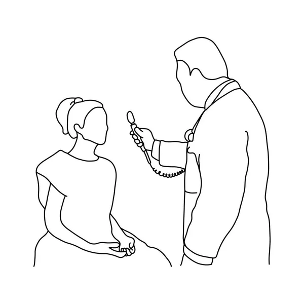 男性医師は、白い背景で隔離の黒い線で描かれた女性患者ベクトル図アウトライン スケッチ手に光学機器を使用します。包括的な身体検査。高井氏と。医療コンセプト. — ストックベクタ