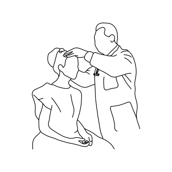 남자 의사는 머리와 여성 환자 벡터 일러스트 레이 션 개요 스케치 손으로 흰색 배경에 고립 된 검은 선으로 그린의 확인 합니다. 포괄적인 신체 검사입니다. asmr입니다. 의료 개념. — 스톡 벡터