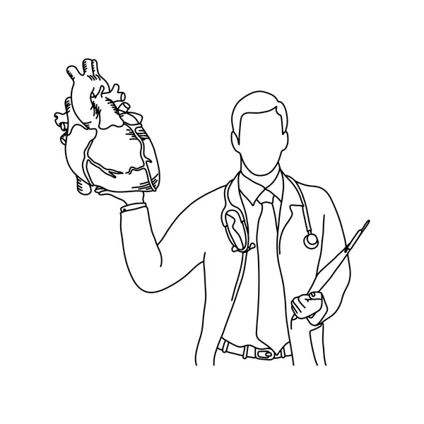 Mannelijke arts met een uniform en stethoscoop op zijn nek houden van een menselijk hart vector illustratie overzicht schets hand getekend met zwarte lijnen geïsoleerd op een witte achtergrond. Medische concept. — Stockvector