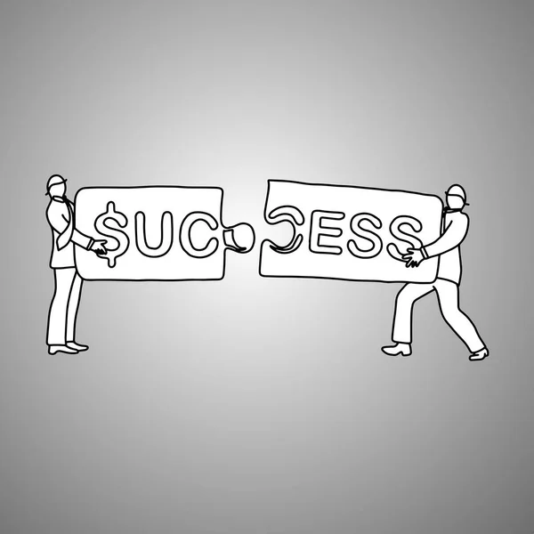 Twee zakenlieden verbinden puzzel elementen vector illustratie doodle schets hand getekend met zwarte lijnen geïsoleerd op een grijze achtergrond. Bedrijfsconcept. — Stockvector