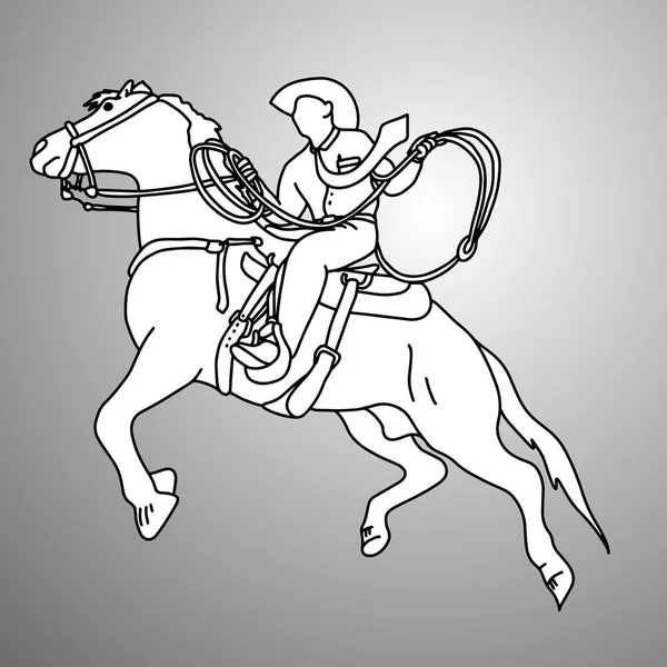 Hombre de negocios en caballo bucking corriendo con ilustración de vectores de lazo garabato bosquejo dibujado a mano con líneas negras aisladas sobre fondo gris. Concepto empresarial . — Vector de stock
