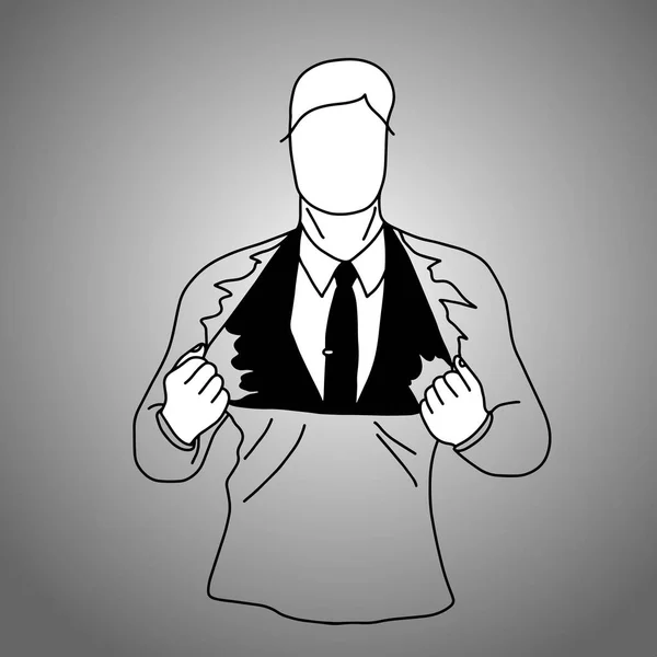 Traje de hombre de negocios dentro de la camiseta vector ilustración garabato bosquejo mano dibujada con líneas negras aisladas sobre fondo gris. Concepto de superhéroe . — Archivo Imágenes Vectoriales