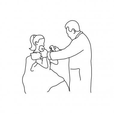 Doktor Bayan hasta dirsek eklemi izole beyaz arka plan üzerinde siyah çizgilerle çizilmiş vektör çizim anahat kroki el ile incelenmesi