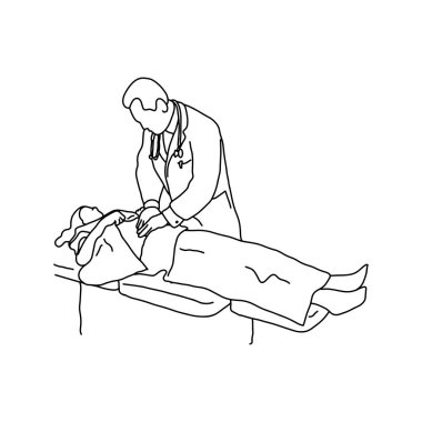 Doktor hastanın göğüs izole beyaz arka plan üzerinde siyah çizgilerle çizilmiş vektör çizim anahat kroki el ile incelenmesi