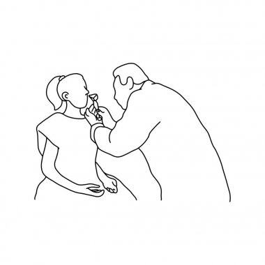 Doktor kadın hastanın burun boşluğuna izole beyaz arka plan üzerinde siyah çizgilerle çizilmiş ekipman vektör çizim anahat kroki el ile incelenmesi