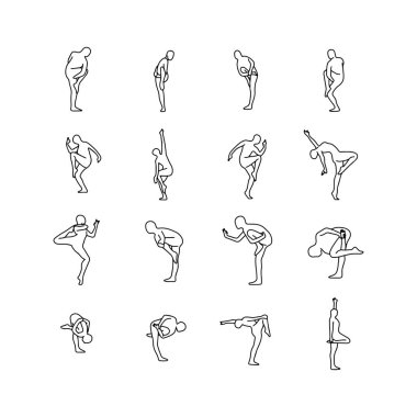 Yoga pozlar set vektör çizim anahat kroki elle izole beyaz arka plan üzerinde siyah çizgiler ile çizilmiş