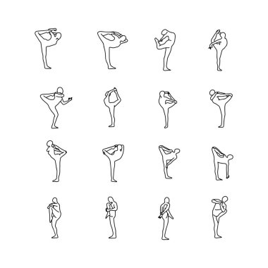 Yoga pozlar set vektör çizim anahat kroki elle izole beyaz arka plan üzerinde siyah çizgiler ile çizilmiş