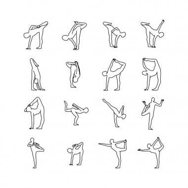 Yoga pozlar set vektör çizim anahat kroki elle izole beyaz arka plan üzerinde siyah çizgiler ile çizilmiş