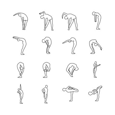 Yoga pozlar set vektör çizim anahat kroki elle izole beyaz arka plan üzerinde siyah çizgiler ile çizilmiş