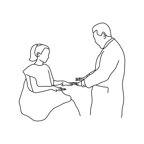 Врач осматривает сустав женского пальца руки пациента с помощью векторной иллюстрации наброска руки, нарисованной черными линиями на белом фоне — стоковый вектор