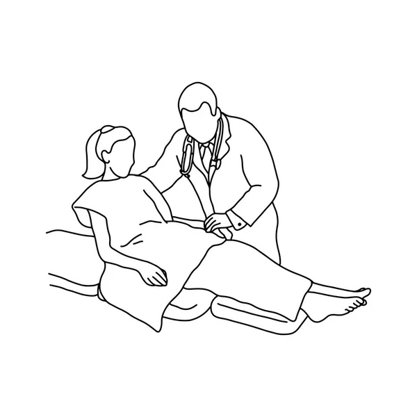 Doctor tirando del paciente femenino para sentarse en la ilustración del vector de cama bosquejo dibujado a mano con líneas negras aisladas sobre fondo blanco — Vector de stock