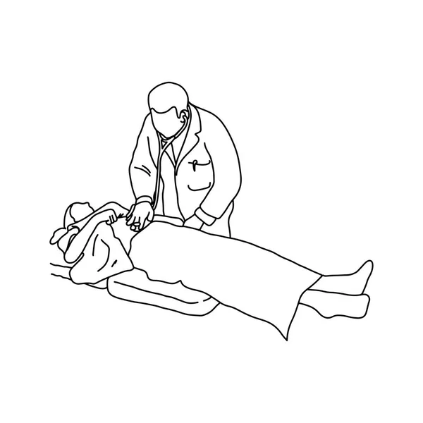 Doktor kadın hasta yatağa stetoskop vektör çizim anahat kroki elle izole beyaz arka plan üzerinde siyah çizgilerle çizilmiş ile yatan karın bölgesi incelenmesi. Tıp kavramı. — Stok Vektör