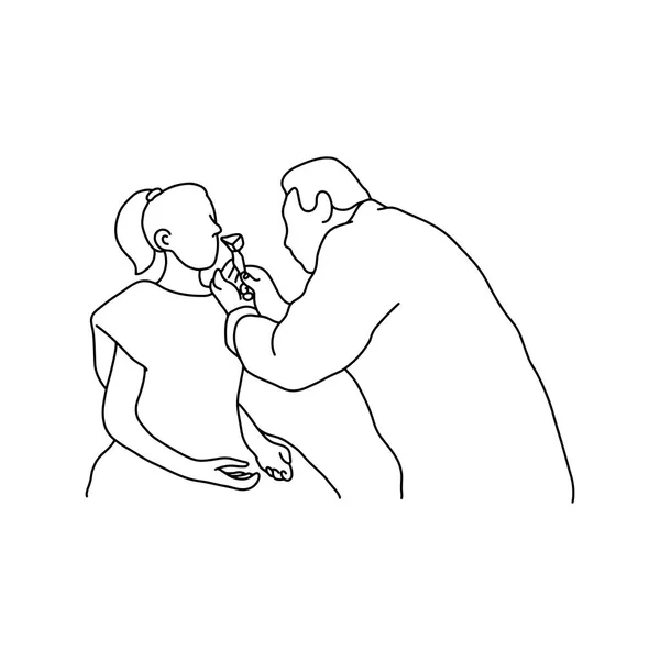 Médico examinando cavidad nasal de paciente femenina con equipo ilustración vectorial bosquejo dibujado a mano con líneas negras aisladas sobre fondo blanco — Vector de stock