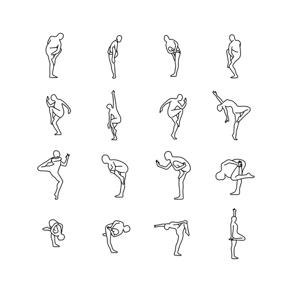 Yoga houdingen instellen vector illustratie overzicht schets hand getekend met zwarte lijnen geïsoleerd op witte achtergrond — Stockvector