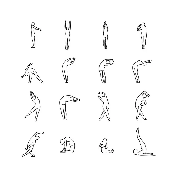 Yoga poses conjunto vetor ilustração esboço esboço mão desenhada com linhas pretas isoladas no fundo branco — Vetor de Stock