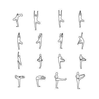Yoga pozlar vektör çizim anahat kroki el izole beyaz arka plan üzerinde siyah çizgiler ile çekilmiş. 8 set.